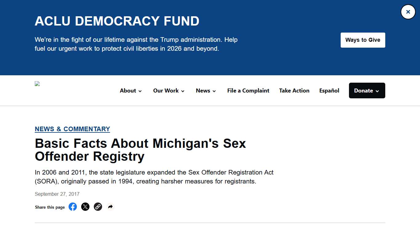 Basic Facts About Michigan's Sex Offender Registry - ACLU of Michigan