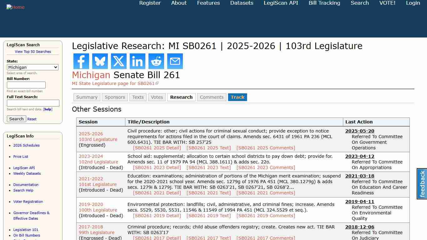 Legislative Research: MI SB0261 2025-2026 103rd Legislature LegiScan